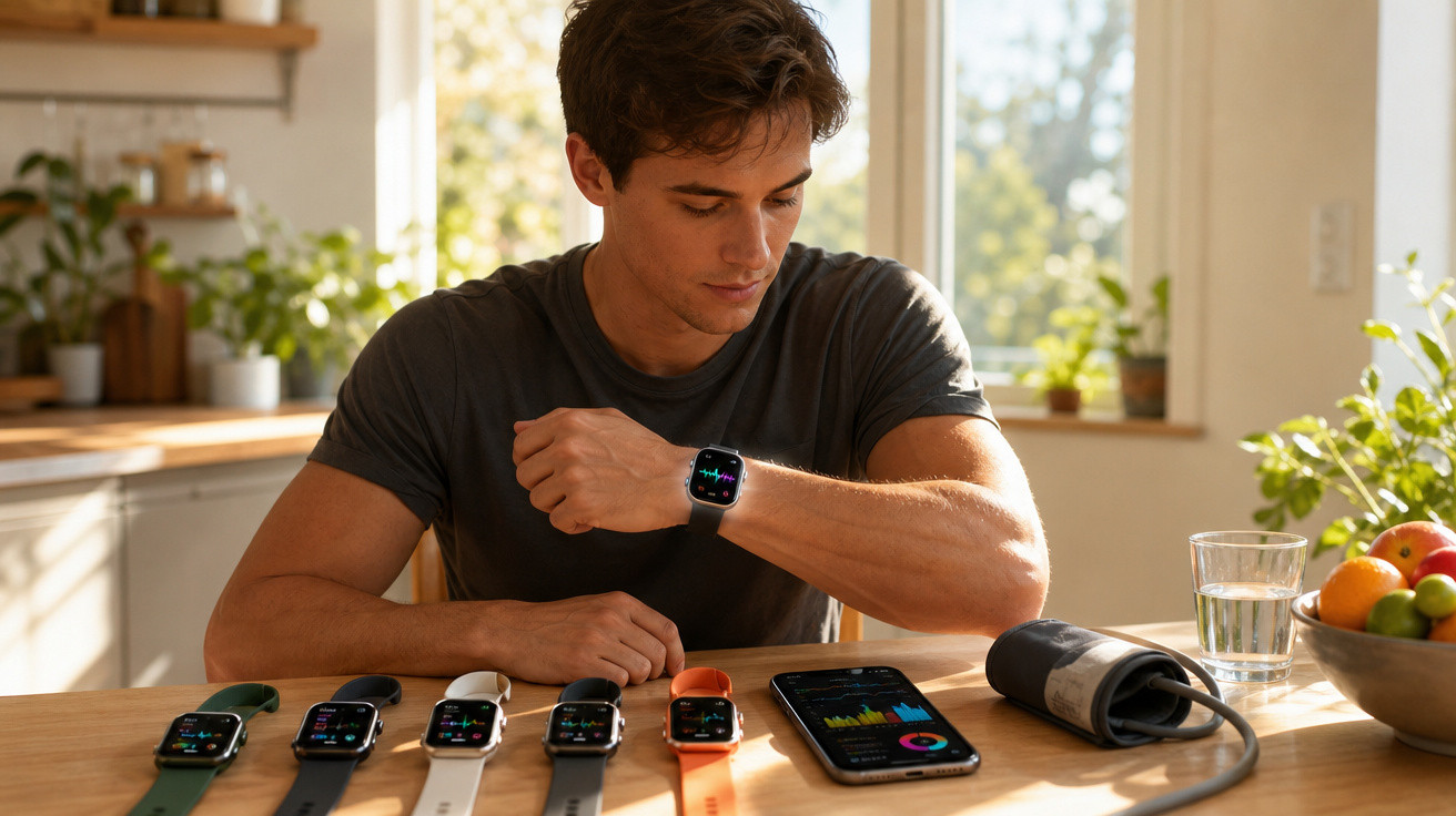 Homem em cozinha olhando para relógio inteligente com vários smartwatches e monitor de pressão na mesa.