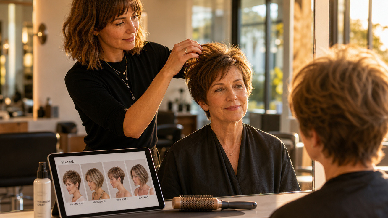 Cabeleireira ajusta corte de cabelo curto em cliente, com imagens de estilos na tela ao lado.