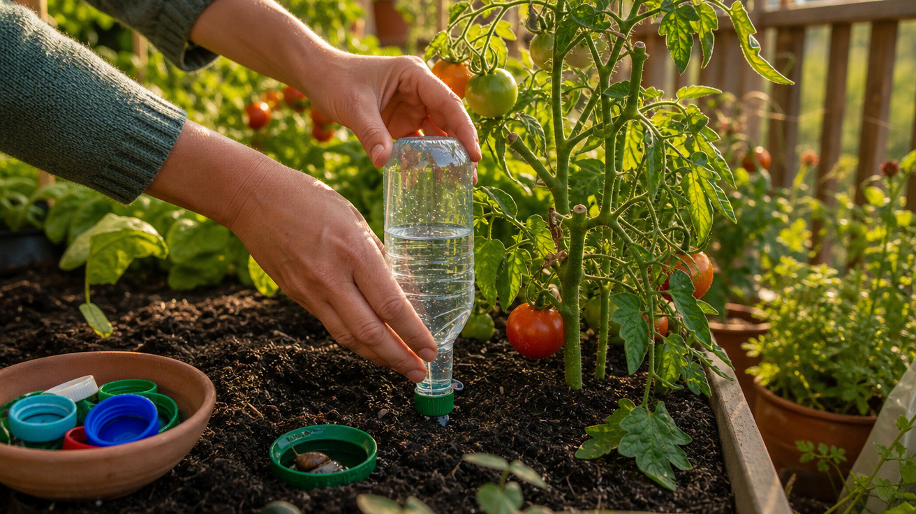 Mãos instalando um sistema de irrigação caseiro com garrafa plástica em planta de tomate em jardim.