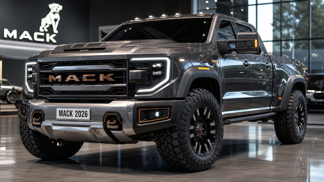 Picape cinza escura Mack 2026 exibida em showroom moderno com pneus robustos e faróis em LED.
