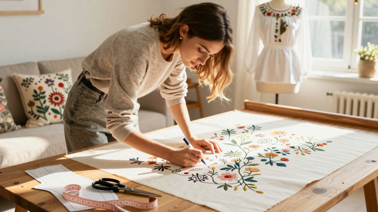 Mulher desenhando bordado floral colorido em tecido branco em mesa de madeira iluminada.