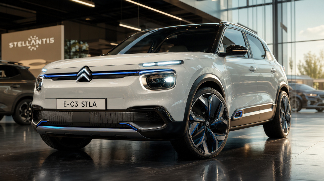 Carro elétrico Citroën E-C3 branco em exposição interna com iluminação moderna e detalhes azuis.