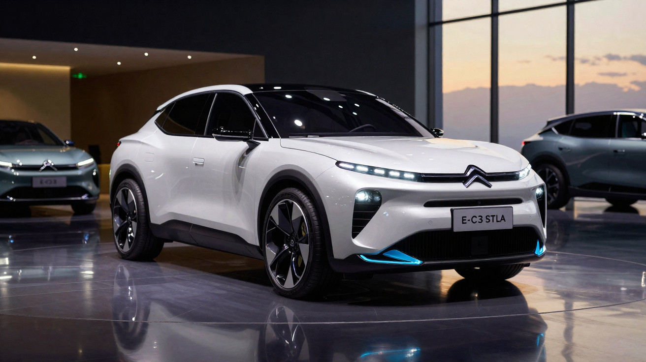 Carro elétrico Citroën E-C3 STLA branco exibido em salão moderno com iluminação interna e vidros grandes.