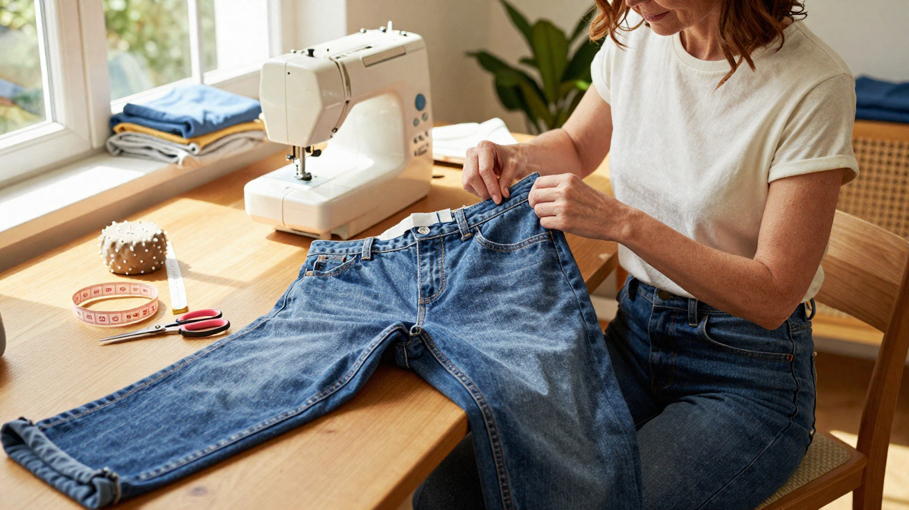 Mulher ajustando calça jeans em mesa com máquina de costura, fita métrica e alfineteiro.