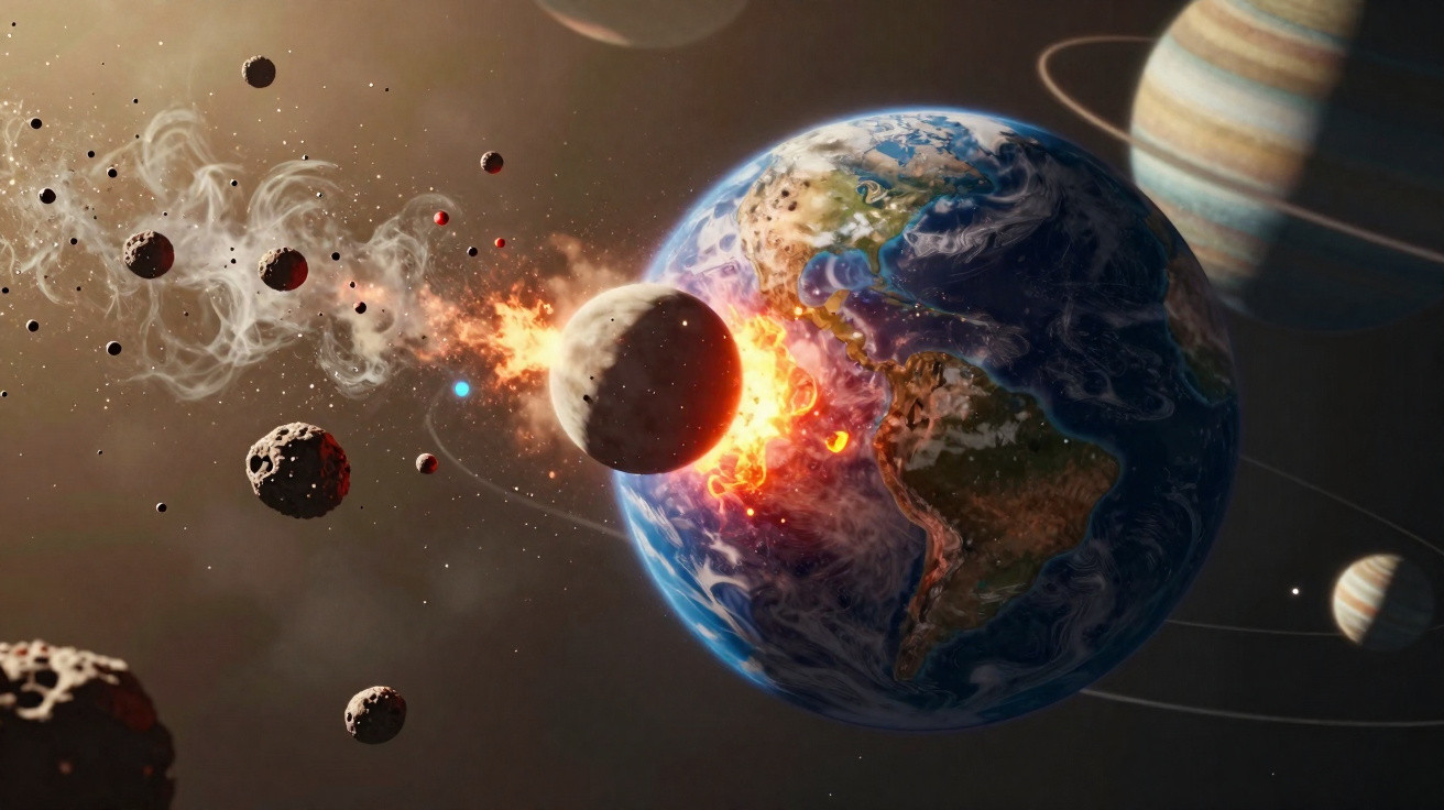 Colisão entre um meteorito e a Terra com explosão e planetas visíveis ao fundo no espaço.