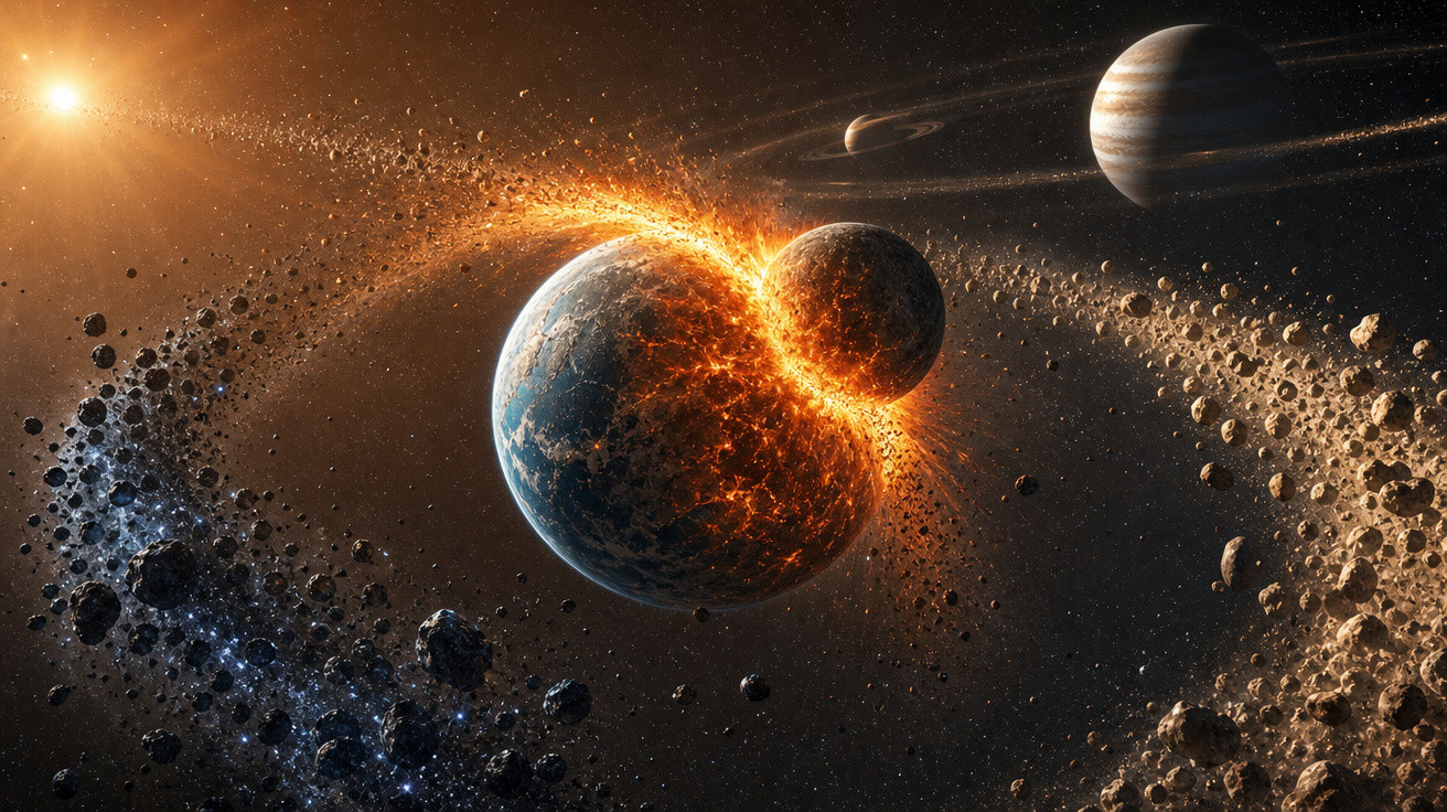 Colisão cósmica entre planetas com detritos e outros planetas visíveis ao fundo no espaço.