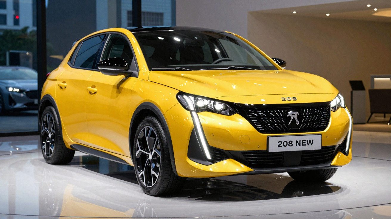 Carro Peugeot 208 amarelo exibido em showroom com teto preto e rodas esportivas.