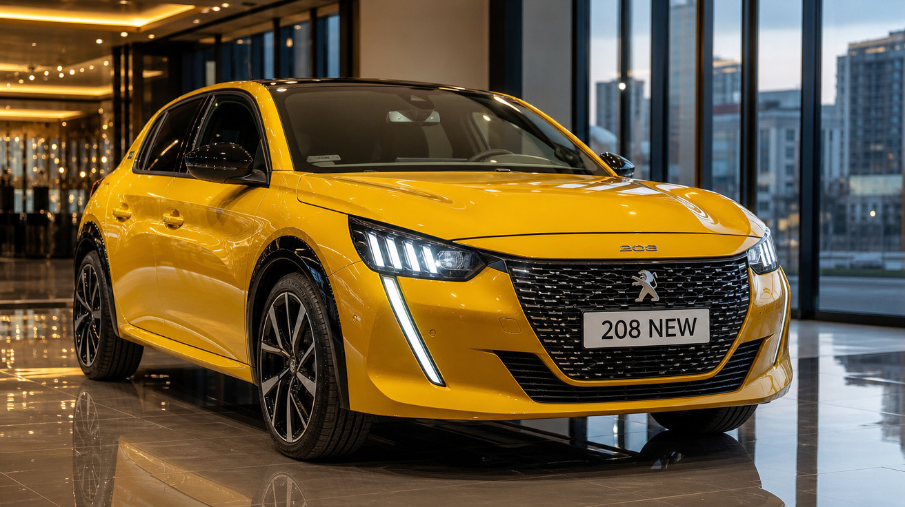 Carro compacto amarelo Peugeot 208 estacionado em ambiente interno moderno com iluminação quente.