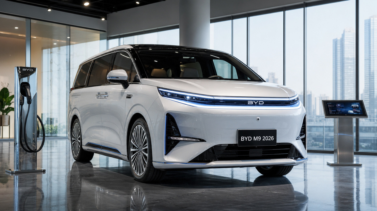 Minivan elétrica branca BYD M9 2026 em showroom moderno com estação de recarga ao lado.