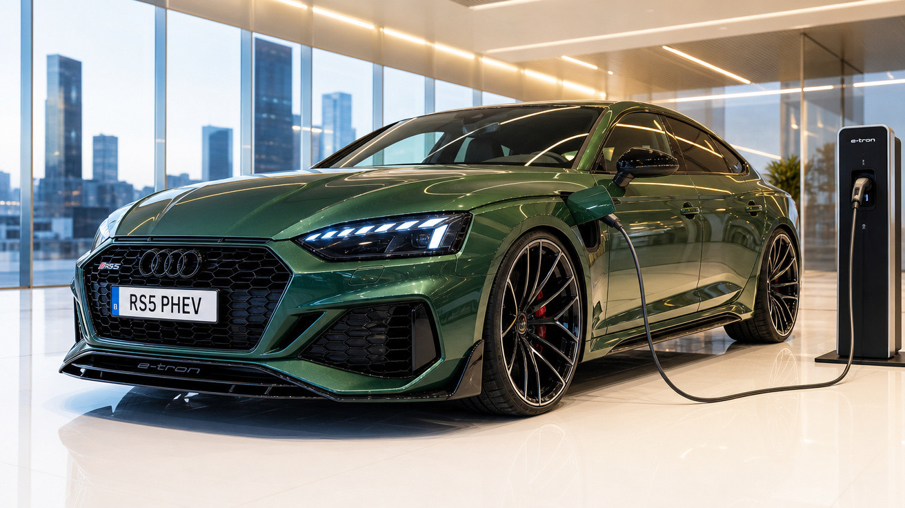 Carro elétrico verde Audi RS5 PHEV sendo carregado em estação interna moderna.