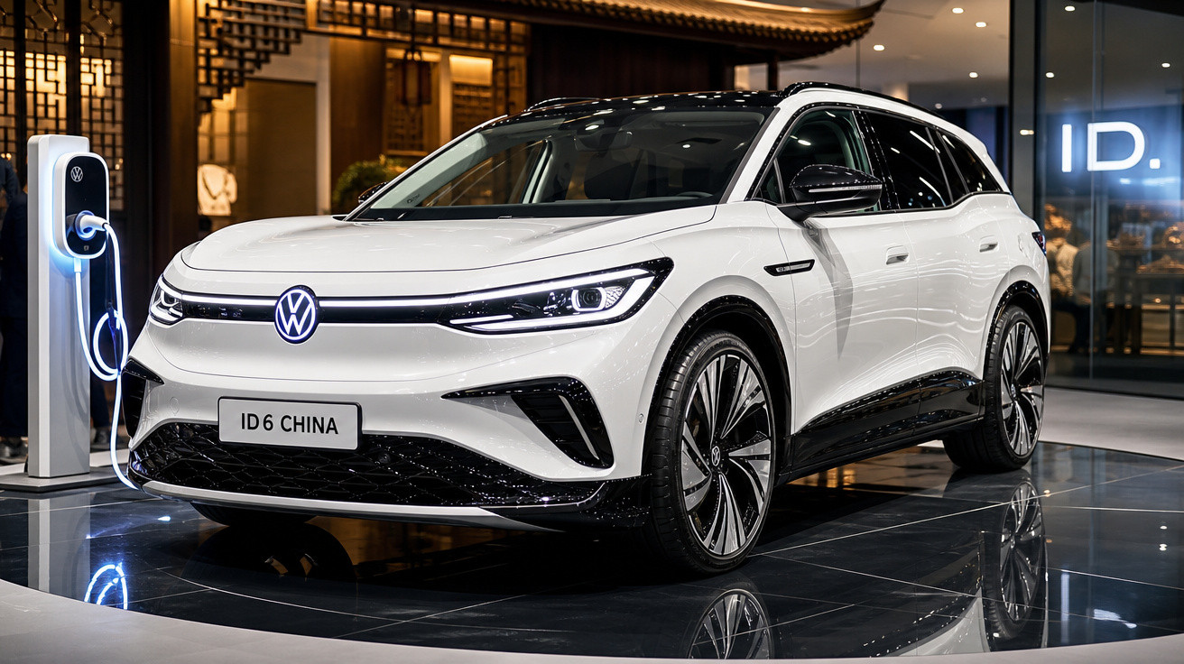 Carro elétrico Volkswagen ID 6 branco, modelo SUV, em carregador em ambiente moderno e sofisticado.