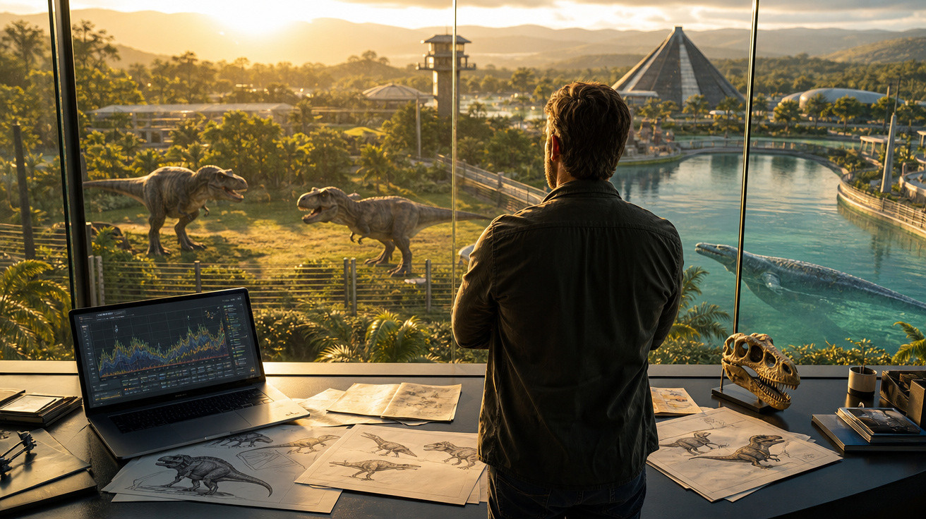 Homem observa dinossauros e ambiente de parque temático do Jurassic Park ao entardecer.