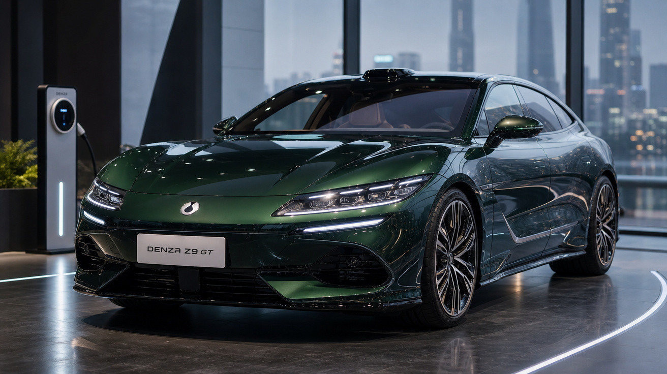 Carro esportivo elétrico verde Denza Z9 GT em exposição interna com painel urbano ao fundo.