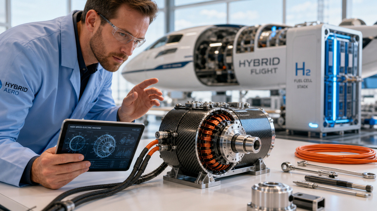Engenheiro analisa motor elétrico e usa tablet em laboratório de tecnologia híbrida de aviação.