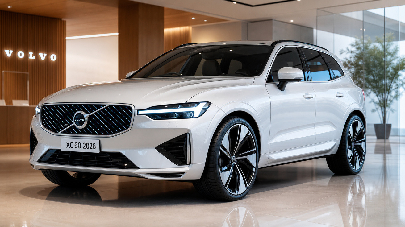 Carro Volvo XC60 2026 branco em showroom moderno com piso refletivo e decoração minimalista.