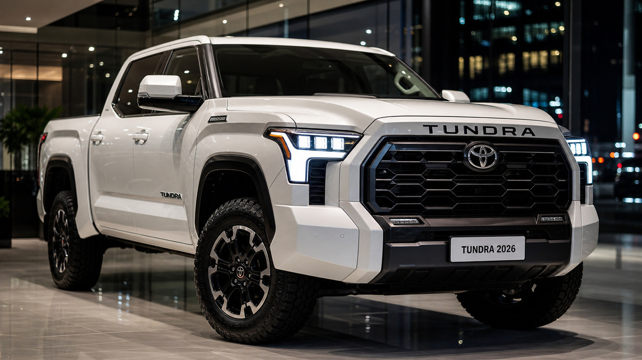 Caminhonete Toyota Tundra 2026 branca estacionada em ambiente interno com luzes acesas.