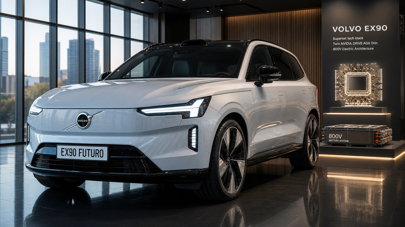 Carro elétrico Volvo EX90 branco em showroom moderno com vidro e iluminação ambiente.