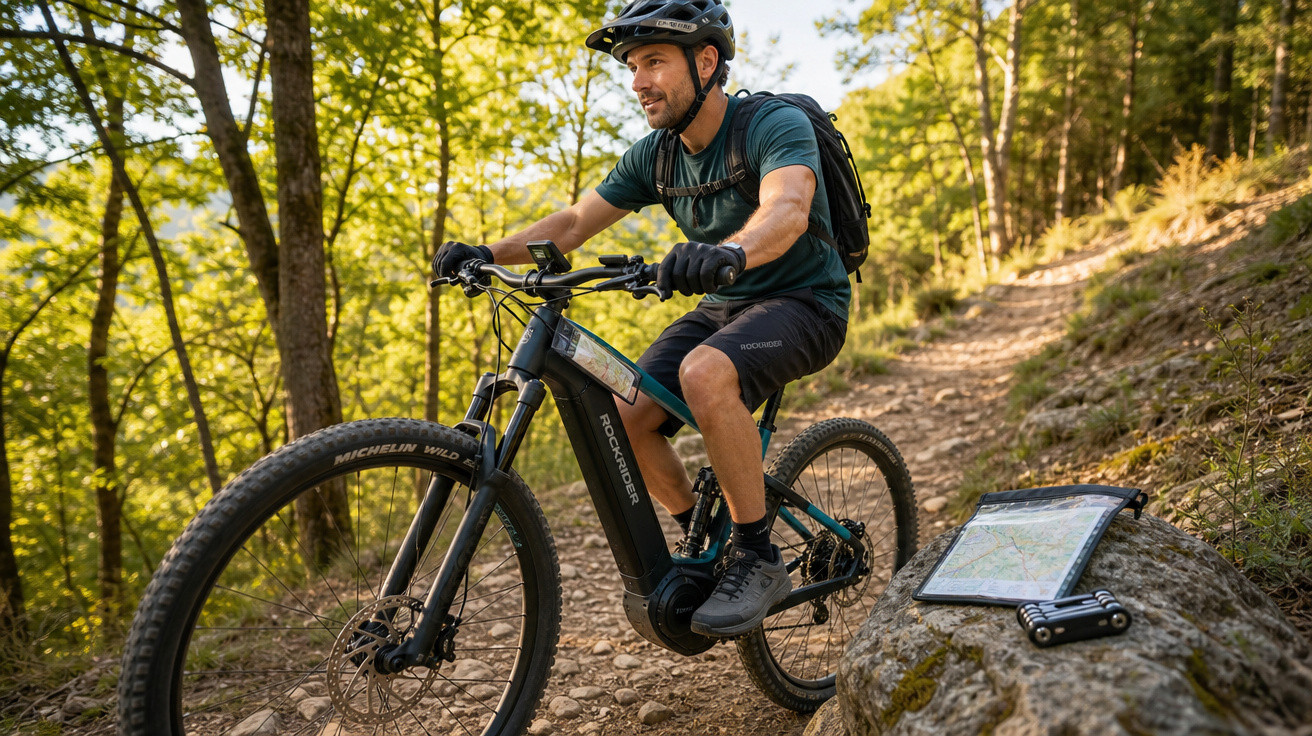 Homem com capacete pedalando bicicleta elétrica em trilha de terra na floresta ao amanhecer.