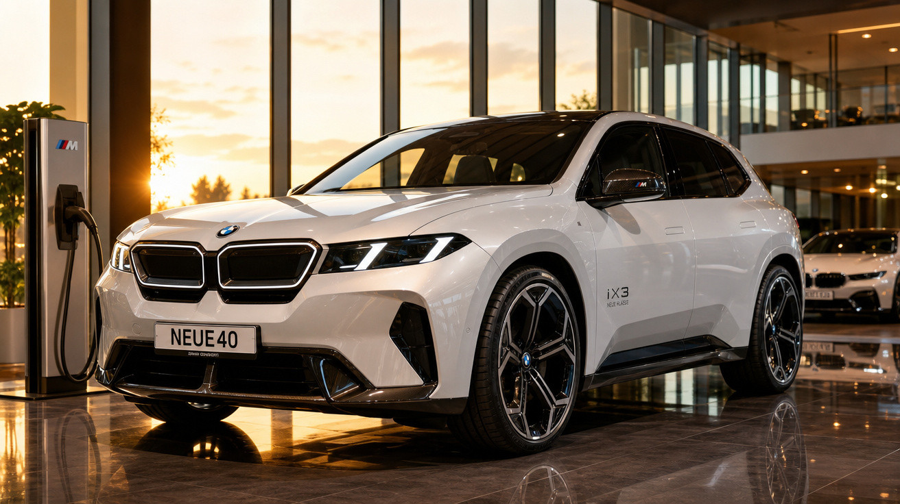 Carro elétrico BMW iX3 branco estacionado em showroom com carregador na parede e piso reflexivo.