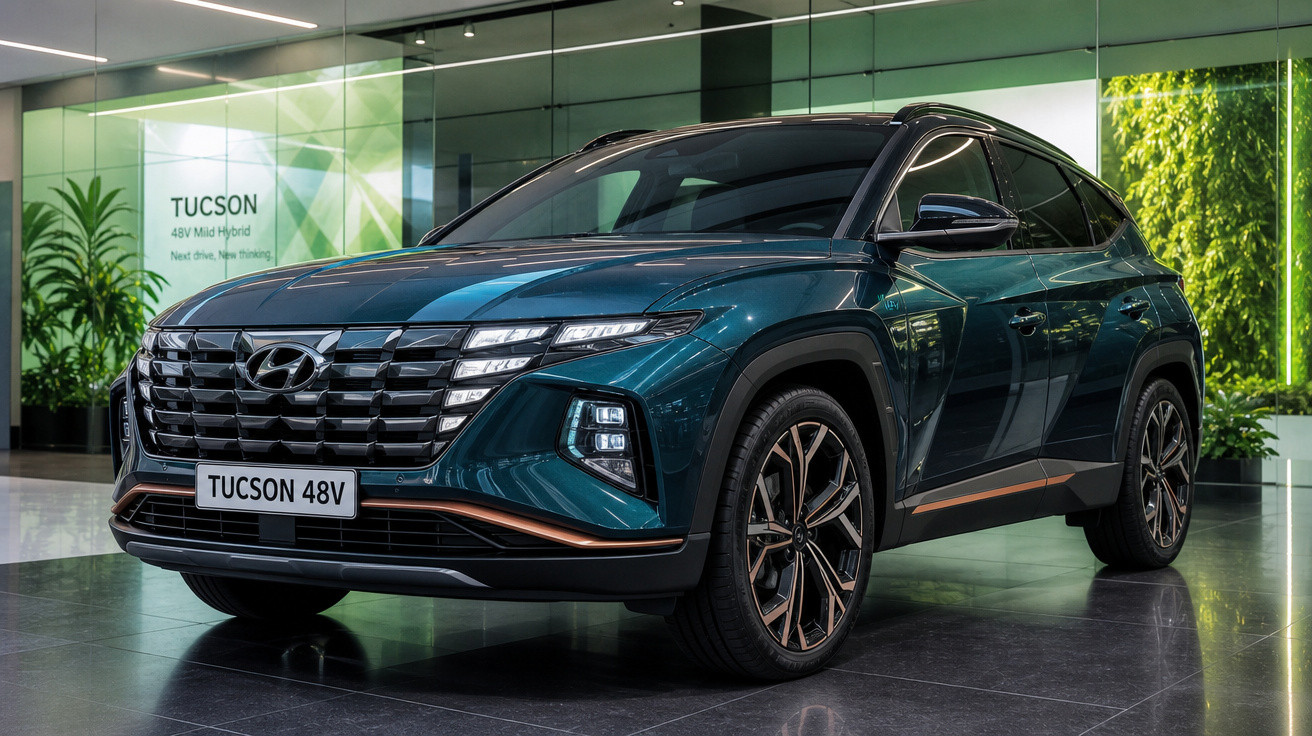 SUV Hyundai Tucson 48V verde em exibição em showroom moderno com vidros e plantas.