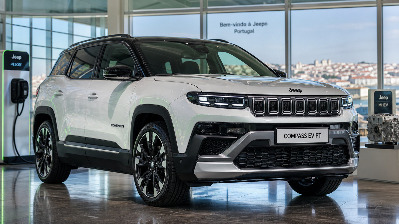 SUV Jeep Compass EV branco com teto preto exposto em showroom moderno e iluminado.