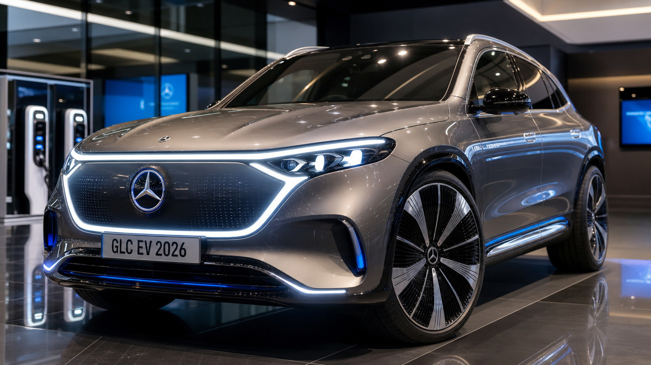 Carro elétrico Mercedes-Benz GLC EV 2026 prata exibido em showroom moderno com iluminação ambiental.