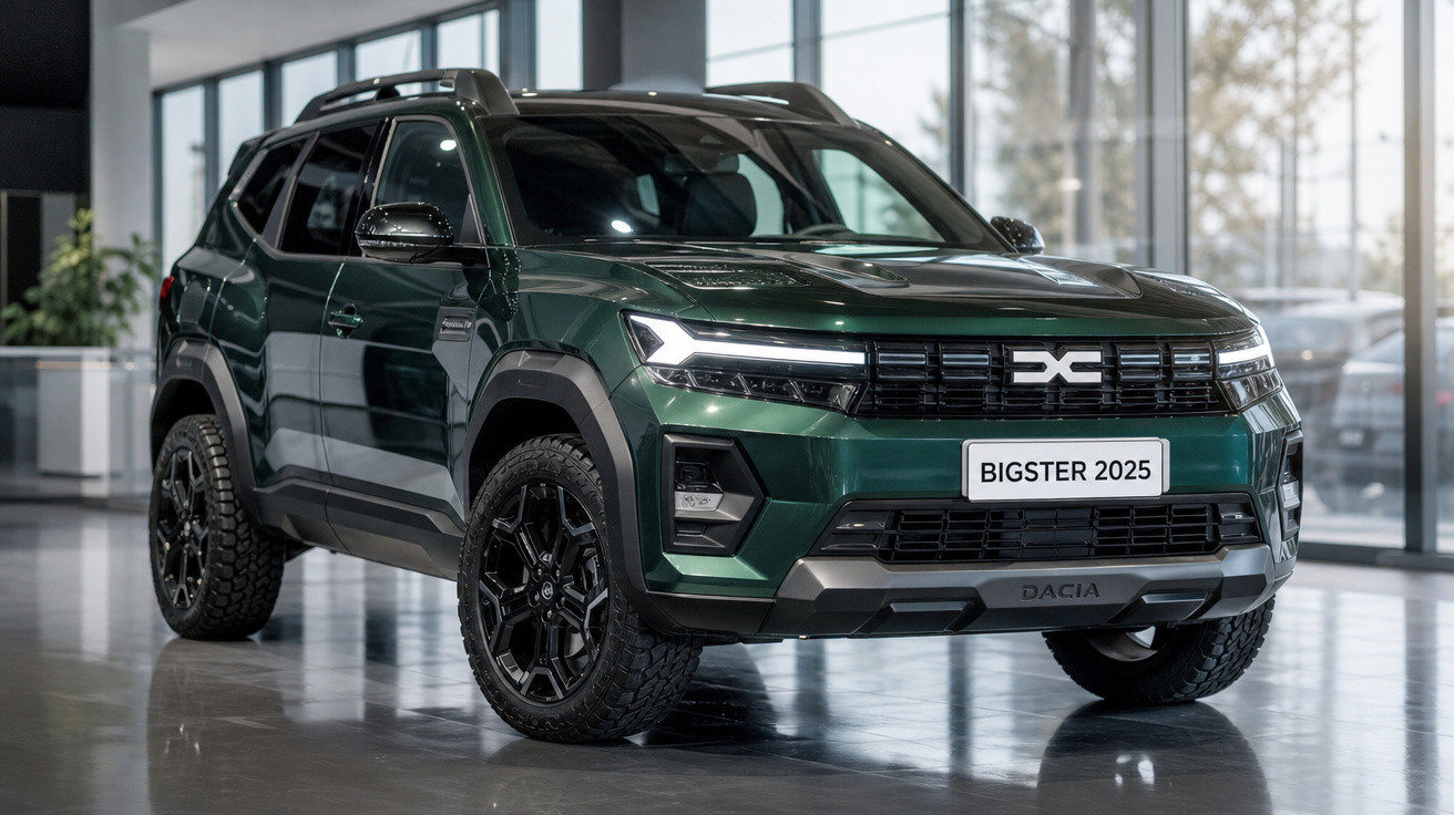 SUV Dacia Bigster 2025 verde escuro exibido em ambiente interno com luz natural.