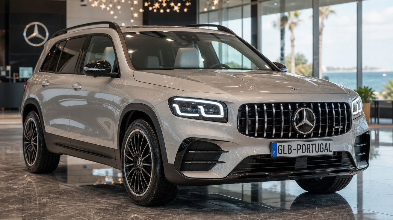 SUV Mercedes-Benz GLB prata estacionado dentro de showroom com placa de Portugal.