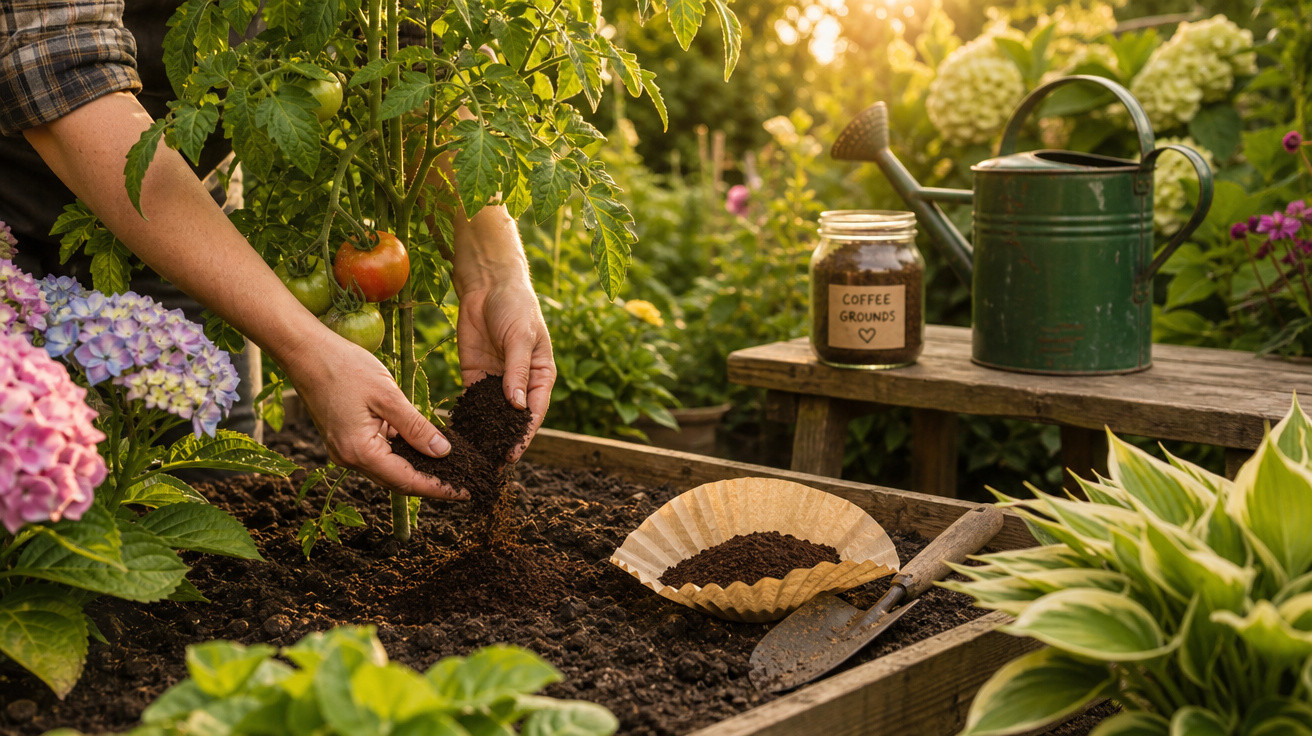 Pessoa adiciona borra de café ao solo de horta com regador, plantas e flores ao redor ao pôr do sol.