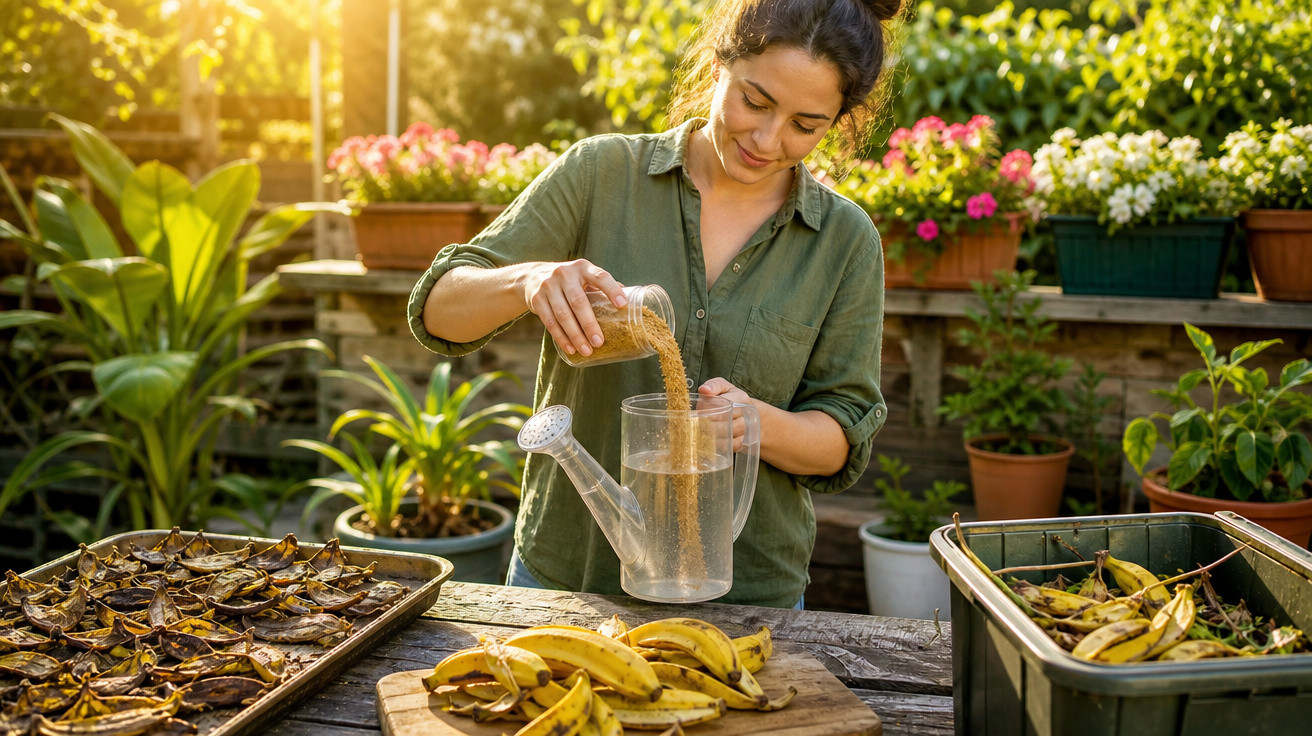 Mulher colocando adubo em regador em jardim com plantas e banana em mesa de madeira.