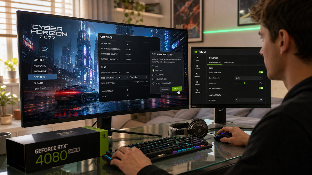 Pessoa configurando gráficos do jogo Cyber Horizon 2077 em dois monitores com placa GeForce RTX 4080 Super ao lado.