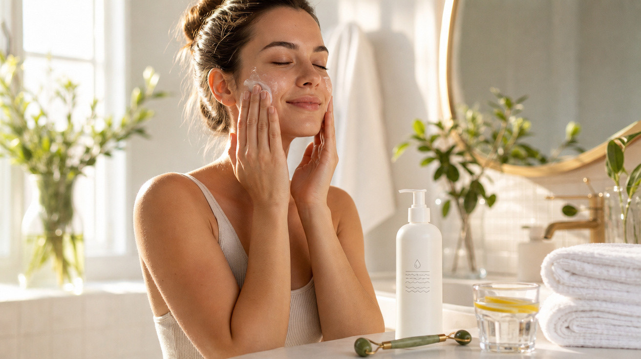 Mulher aplicando creme facial com olhos fechados em banheiro iluminado e decorado com plantas.