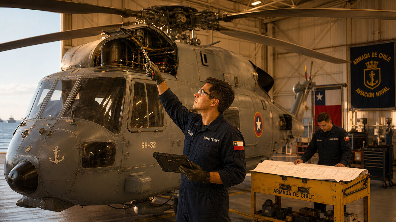 Técnicos da Marinha do Chile realizam manutenção em helicóptero cinza dentro de hangar naval.