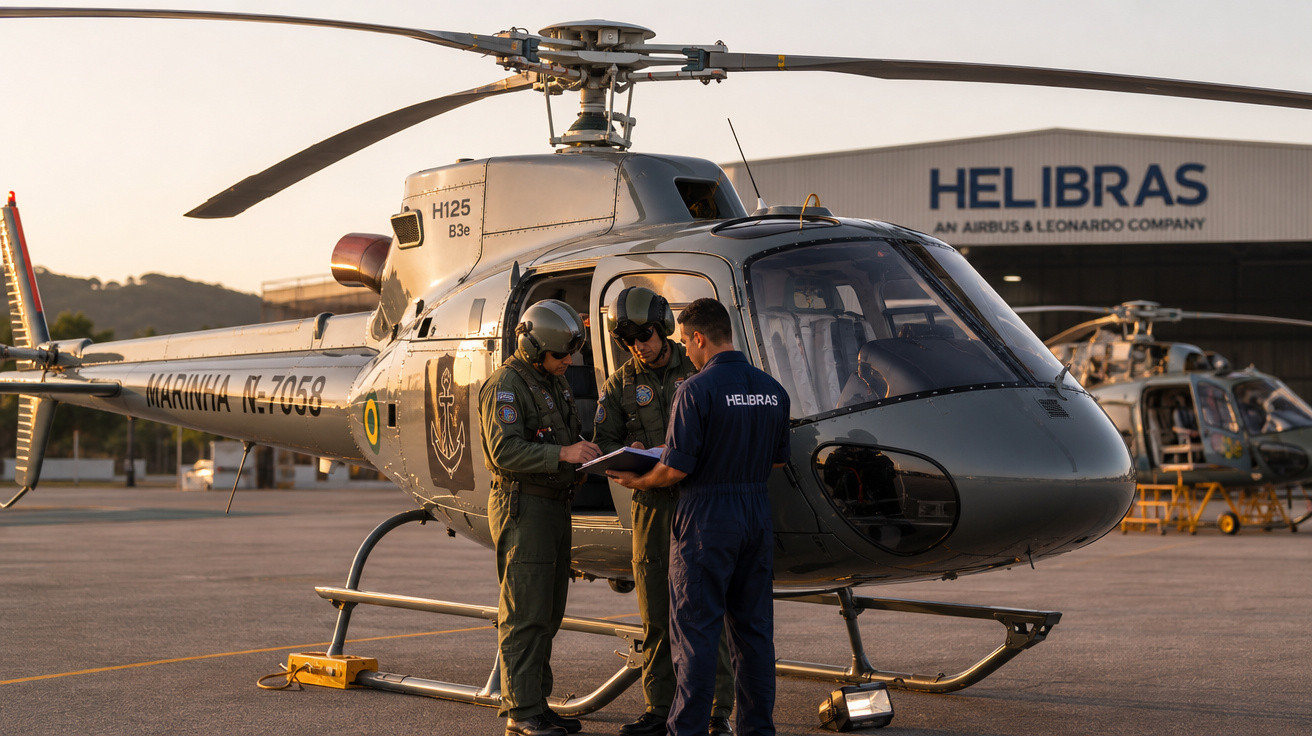 Três homens discutem documentos ao lado de helicóptero militar cinza estacionado em hangar da Helibras ao pôr do sol.