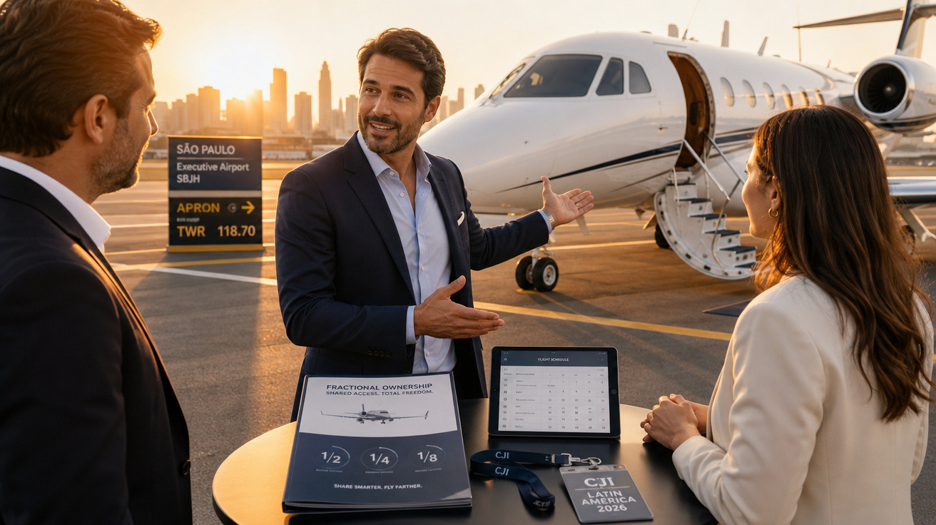 Homem apresentando jet privado a casal em aeroporto executivo ao pôr do sol, com documentos na mesa.
