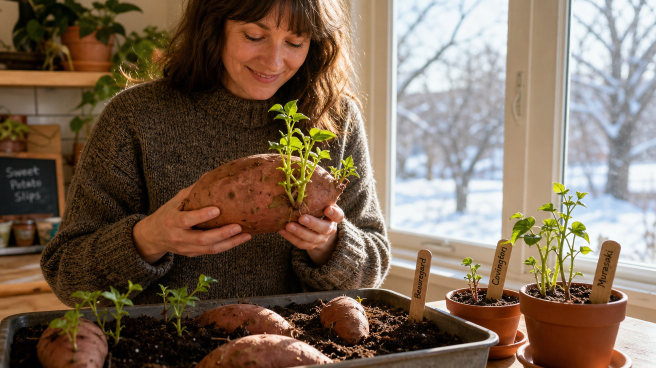 Mulher sorrindo segura batata-doce com brotos, ao lado de potes com plantas em ambiente iluminado.