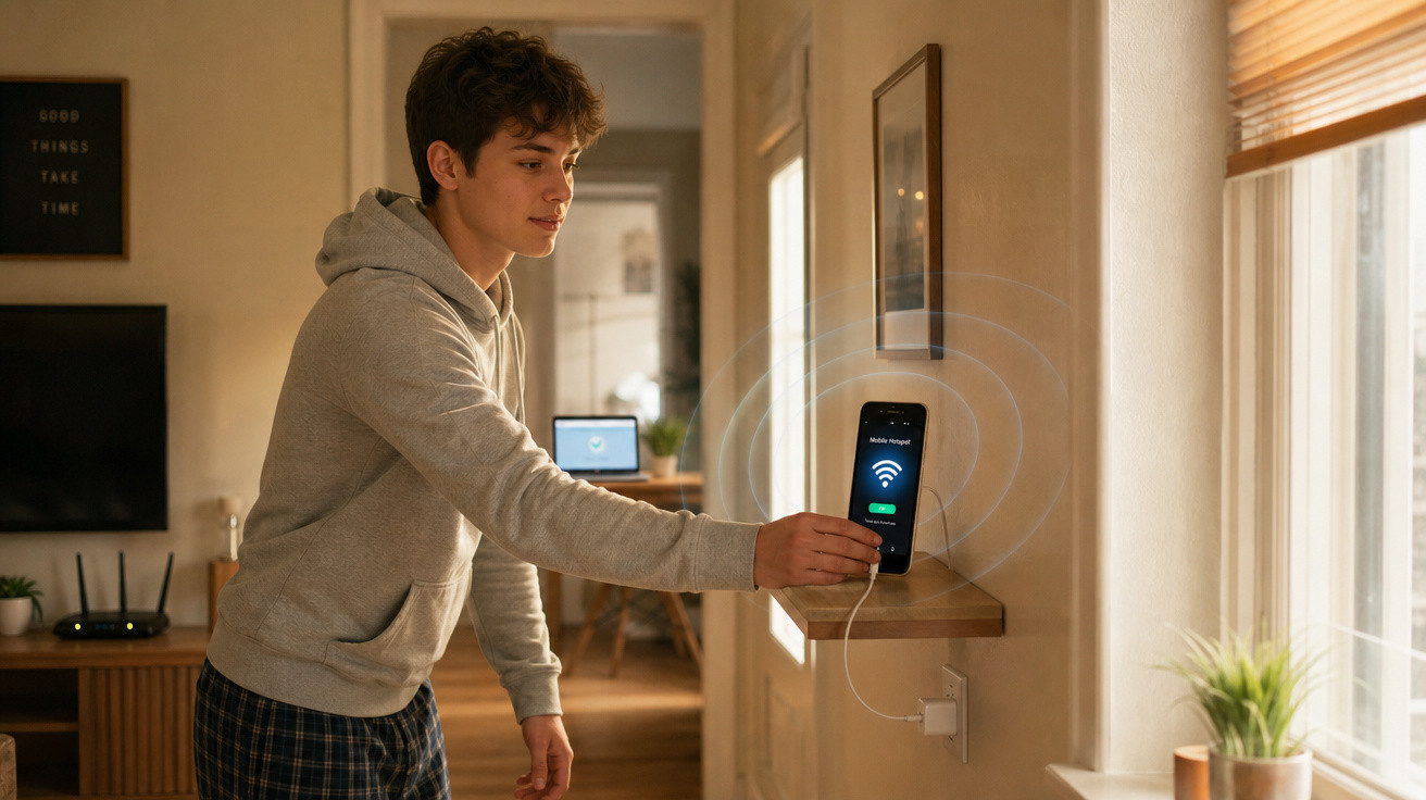 Jovem conecta smartphone ao carregador na parede em ambiente interno com luz natural.