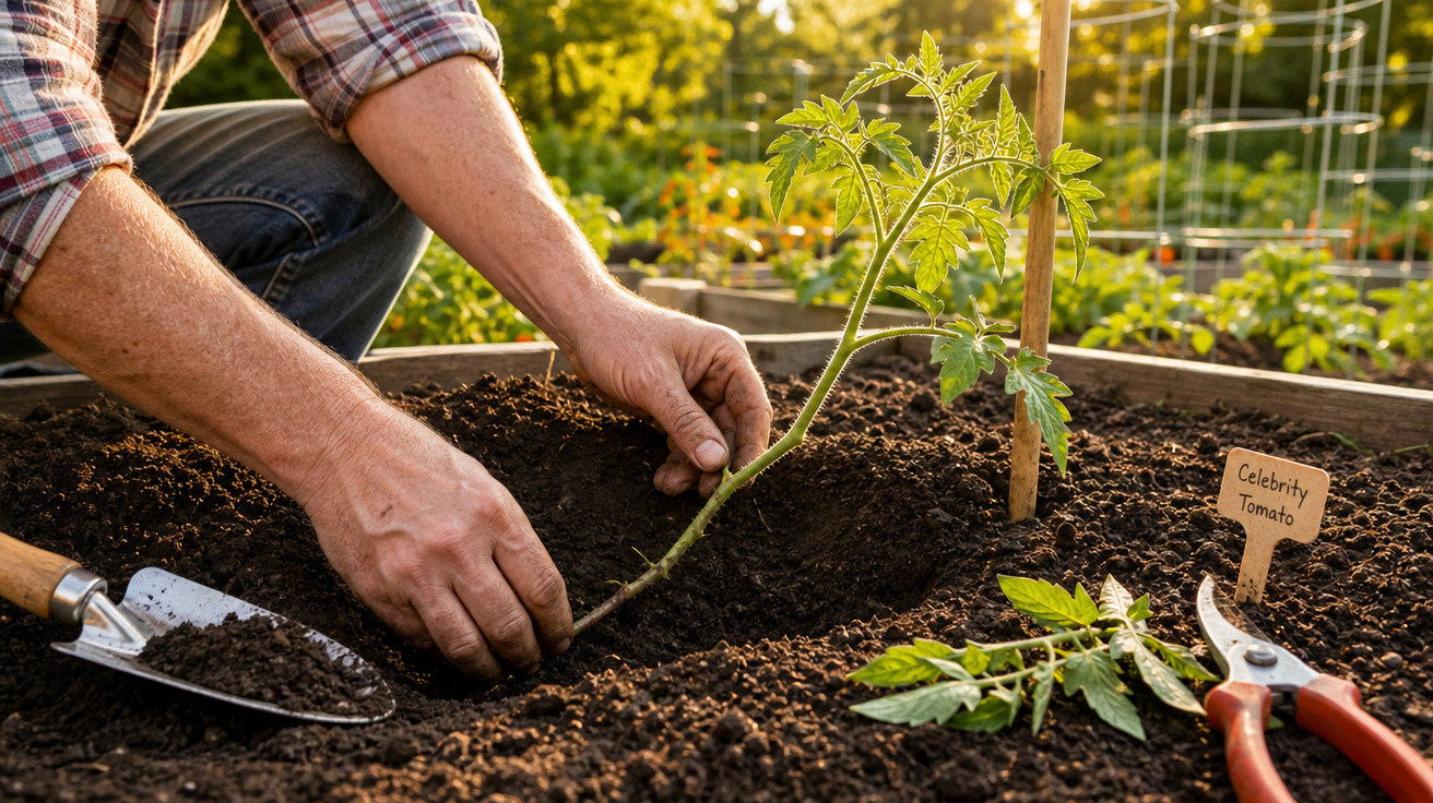 Mãos plantando muda de tomateiro em canteiro com terra preparada e ferramentas de jardinagem.