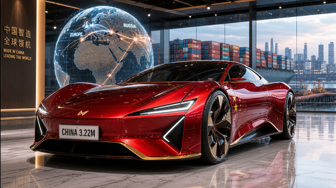 Carro esportivo vermelho brilhante com design futurista exibido em ambiente moderno com globo iluminado ao fundo.