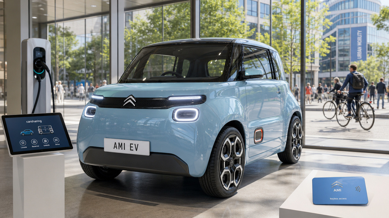 Carro elétrico Citroën Ami EV azul claro exposto em showroom moderno com carregador e dispositivo de acesso.