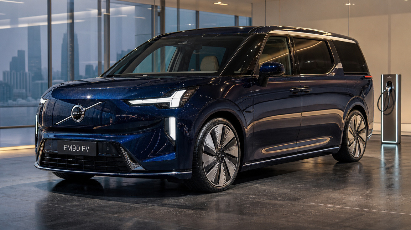 Carro elétrico Volvo EM90 EV azul escuro estacionado em ambiente interno moderno com estação de recarga.