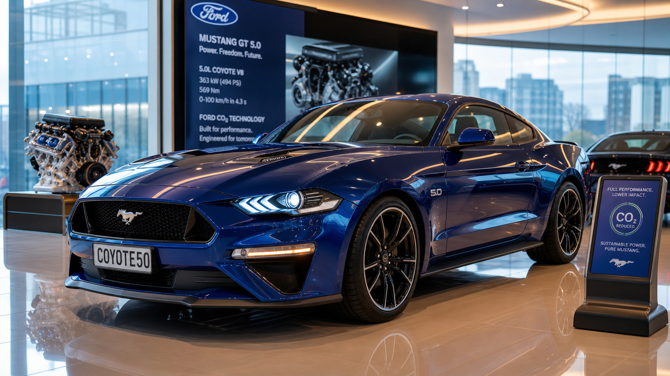 Carro esportivo Ford Mustang GT 5.0 azul em exposição com motor e placas informativas ao lado.