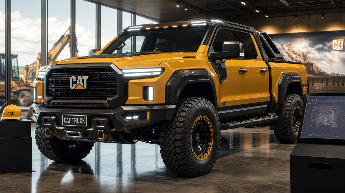 Picape amarela CAT Truck robusta exibida em showroom moderno com grande roda off-road.