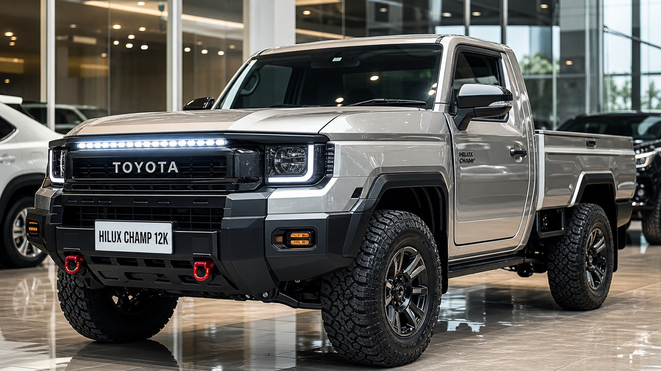 Picape Toyota Hilux Champ 12K prata com design robusto em showroom moderno.