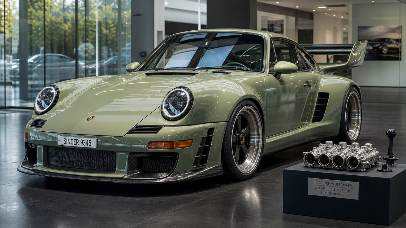 Carro esportivo Porsche verde oliva com design clássico exibido em showroom moderno.