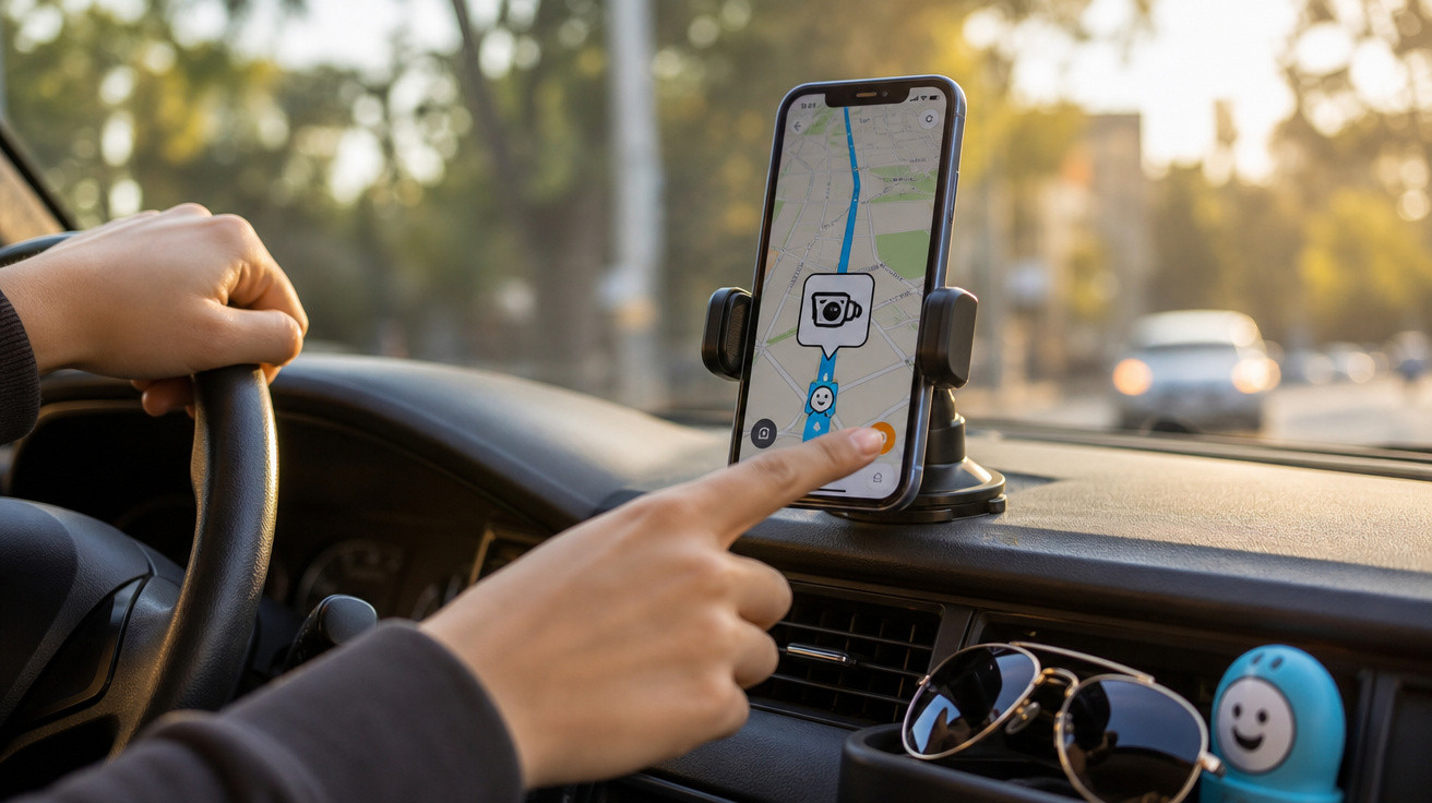 Pessoa usando aplicativo de navegação em smartphone fixo no painel do carro durante o dia.