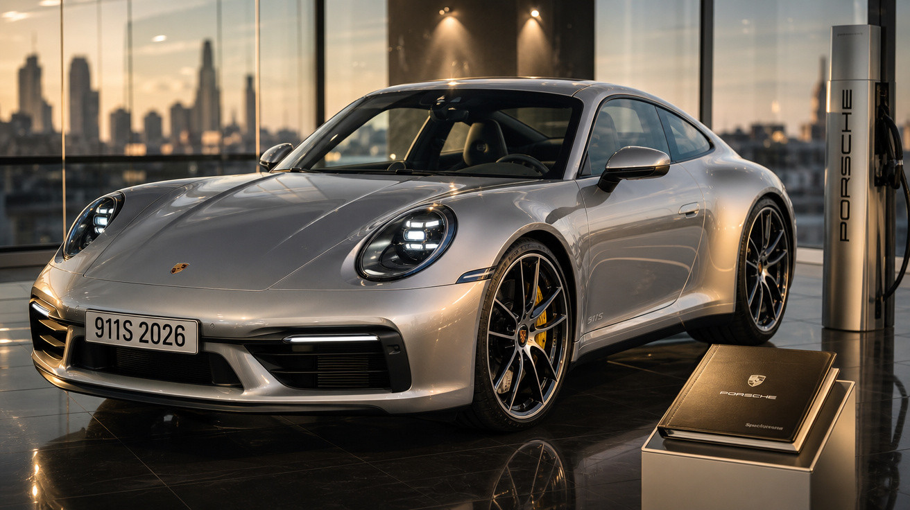 Carro esportivo Porsche 911S prata exibido em showroom moderno com vista urbana ao entardecer.
