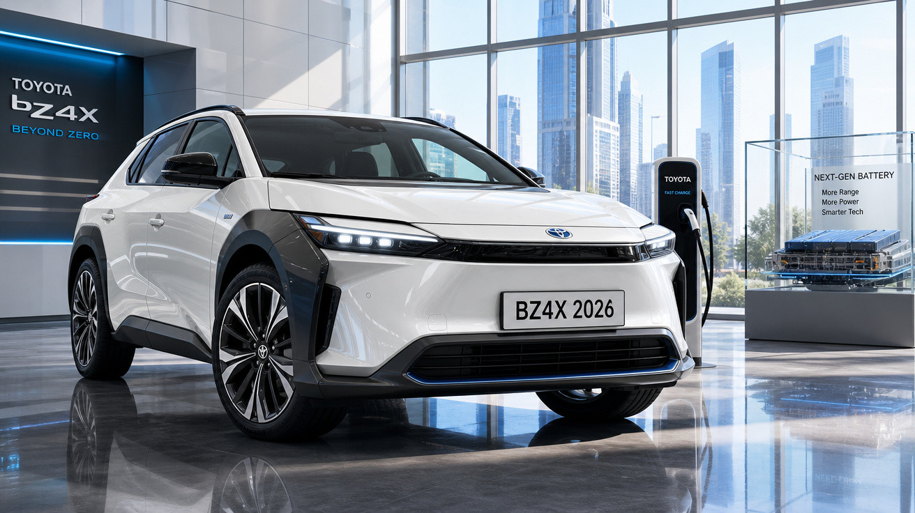 SUV elétrico Toyota bZ4X branco carregando em estação interna com edifícios altos ao fundo.