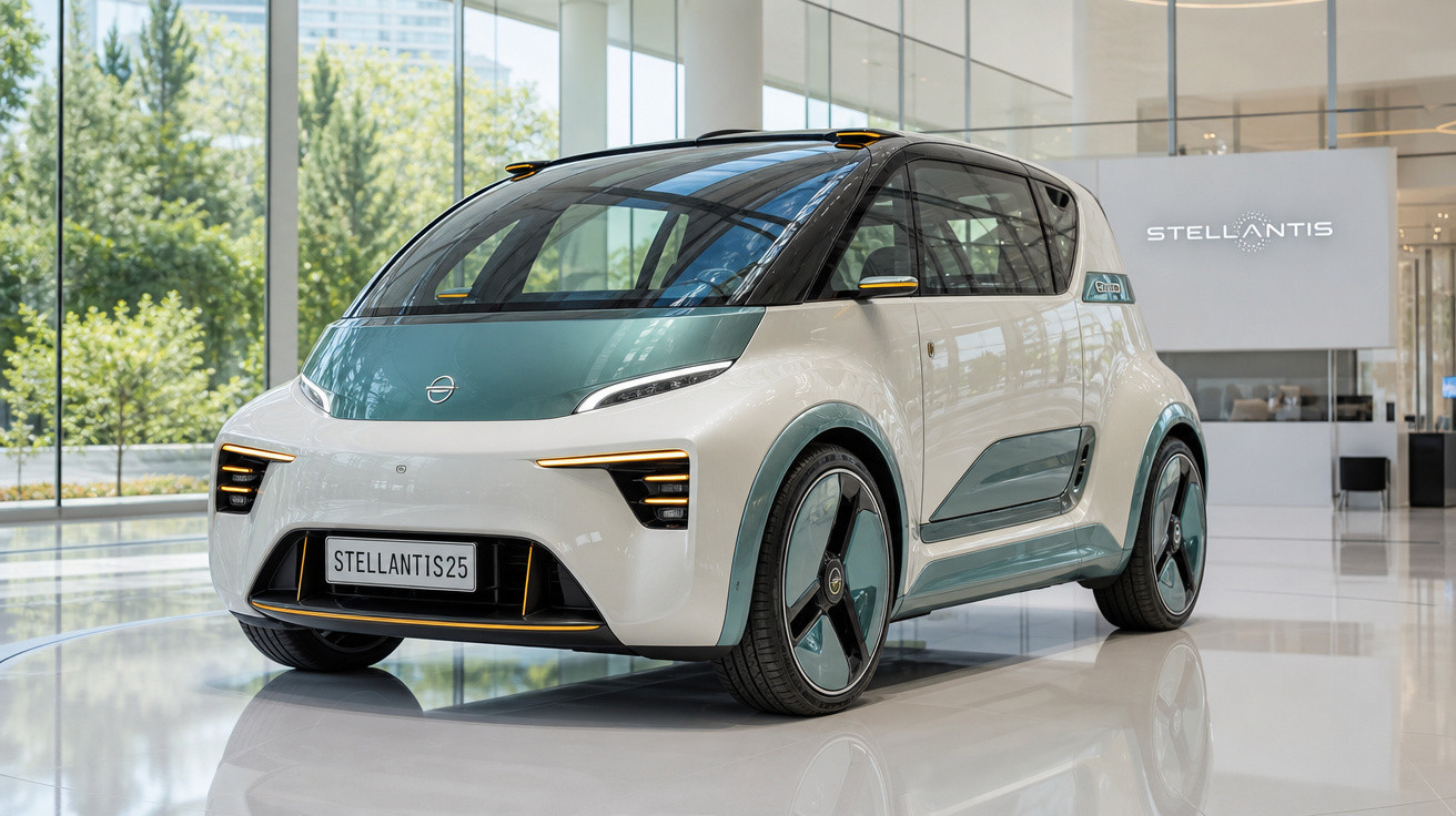 Carro elétrico moderno branco e verde em exposição no showroom da Stellantis com vidro panorâmico.