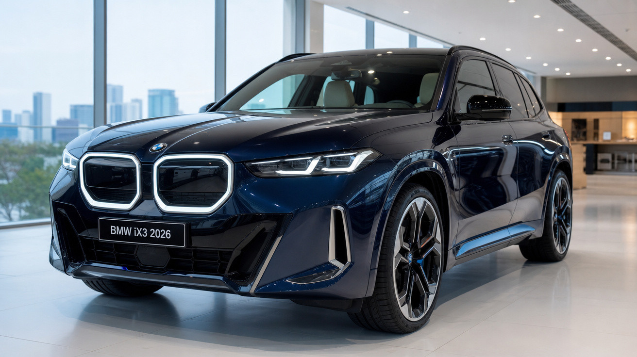 Carro elétrico BMW iX3 2026 azul escuro exibido em showroom moderno com piso branco.